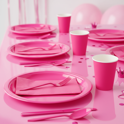 Bright hot pink plastic forks on vibrant pink party table with pink plates cups and napkins girls birthday bachelorette party