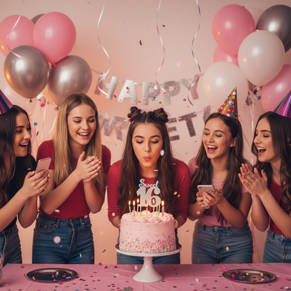 Teenage girl celebrating sweet 16 birthday blowing candles on cake with silver glitter Sweet 16 topper