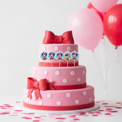 Minnie Mouse birthday candles on a pink decorated birthday cake with Disney party decor