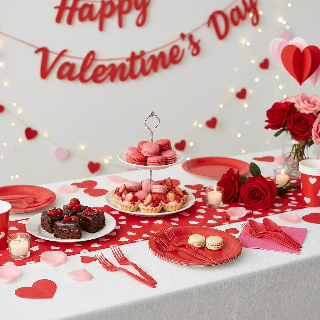 Red plastic forks on Valentine's Day party dessert table with red pink hearts roses and romantic decorations