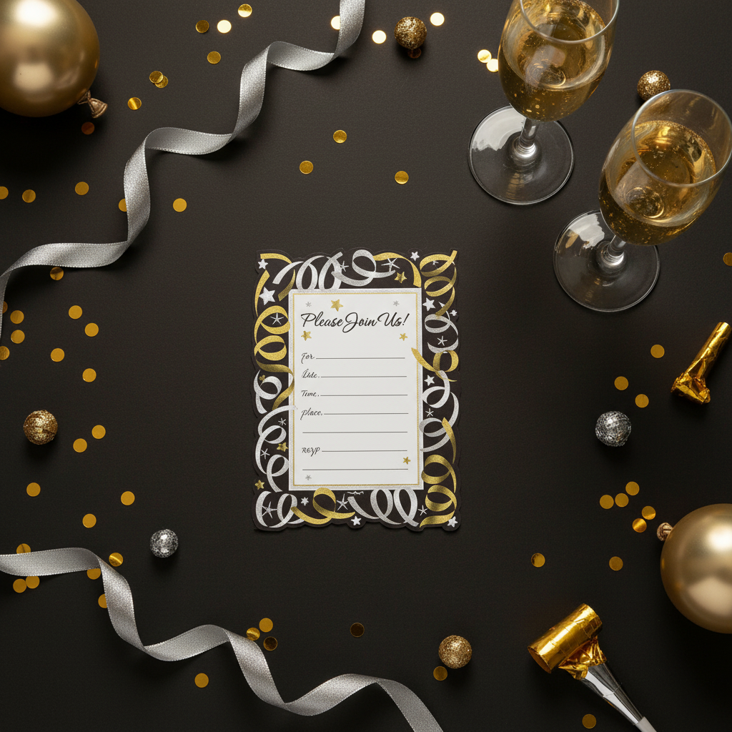 Silver & Gold Streamers Party Invitations Elegant Flat Lay