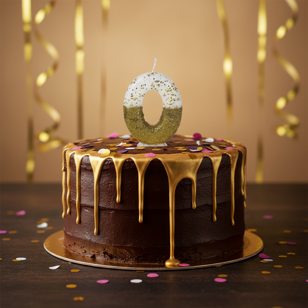 Semi glitter gold and white number 0 candle on chocolate cake with gold drip and confetti