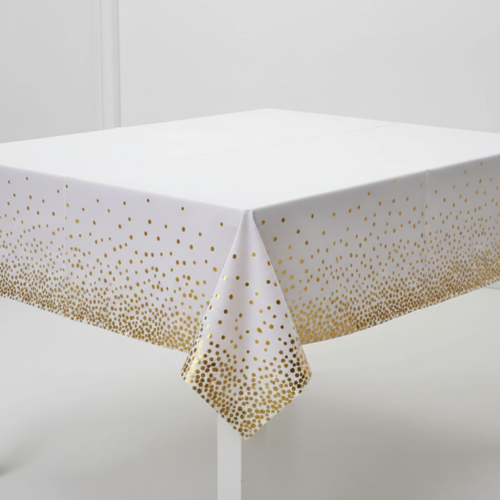 White Gold Polka Dot Tablecover 3/4 angle