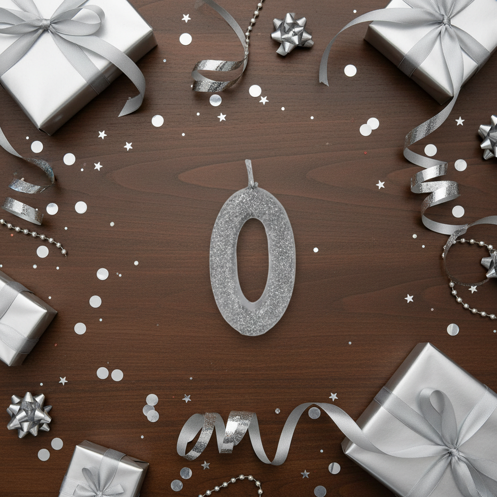 Silver glitter number 0 candle flat lay with silver ribbons gift boxes and silver party decor