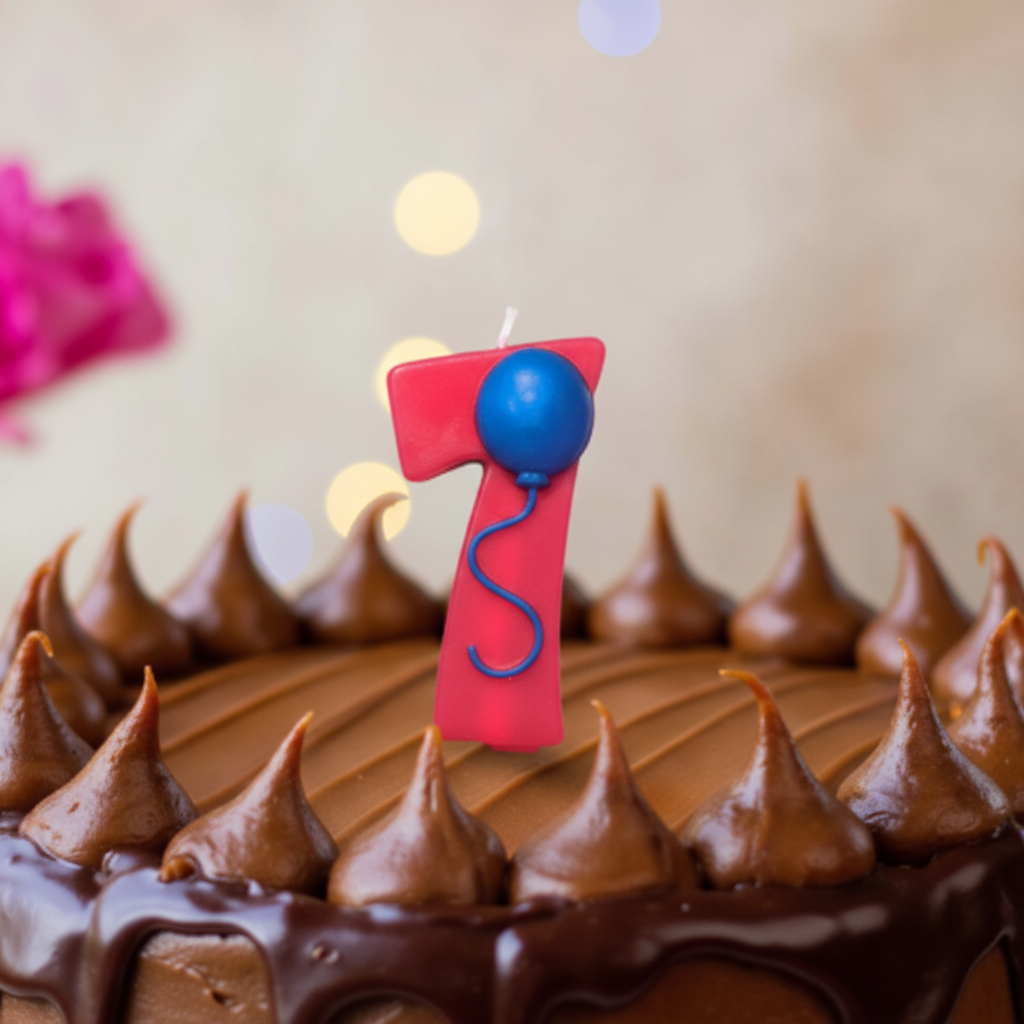 Close up detail of red number 7 birthday candle with blue balloon on top