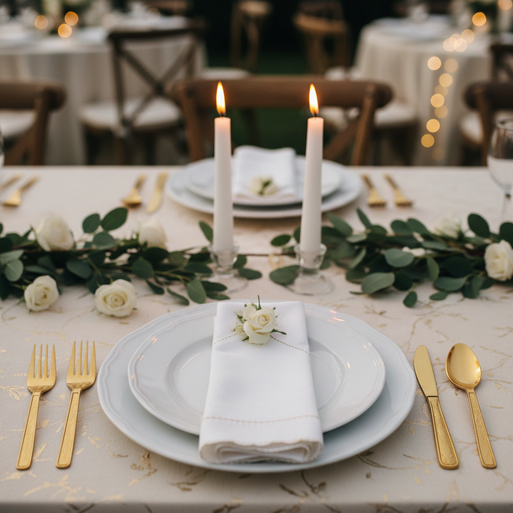 Gold metallic cutlery set on beautifully decorated wedding anniversary dinner table with white plates and candles romantic atmosphere