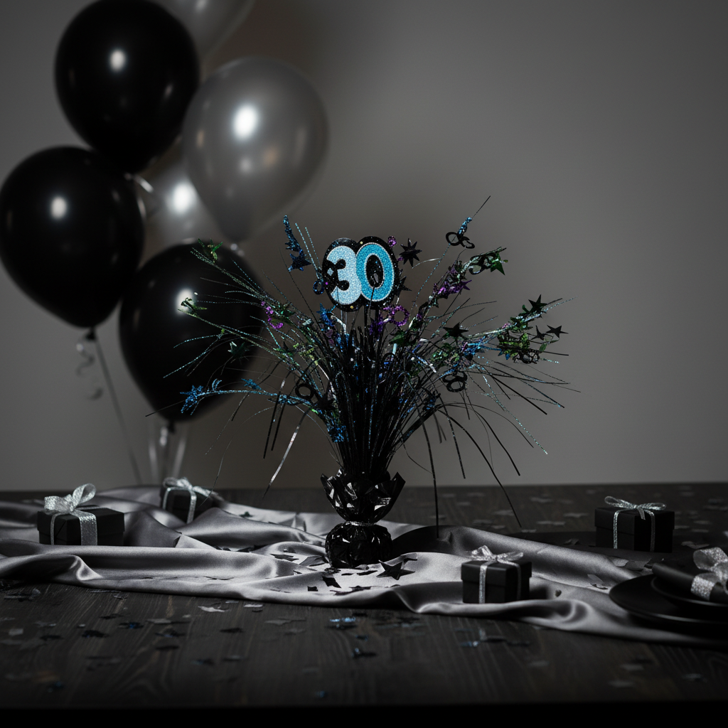 Black and blue glitter spray centerpiece number 30 on party table with black and silver balloons