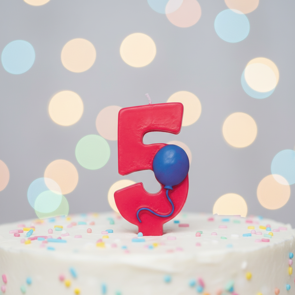 Close up detail of red number 5 birthday candle with blue balloon on top