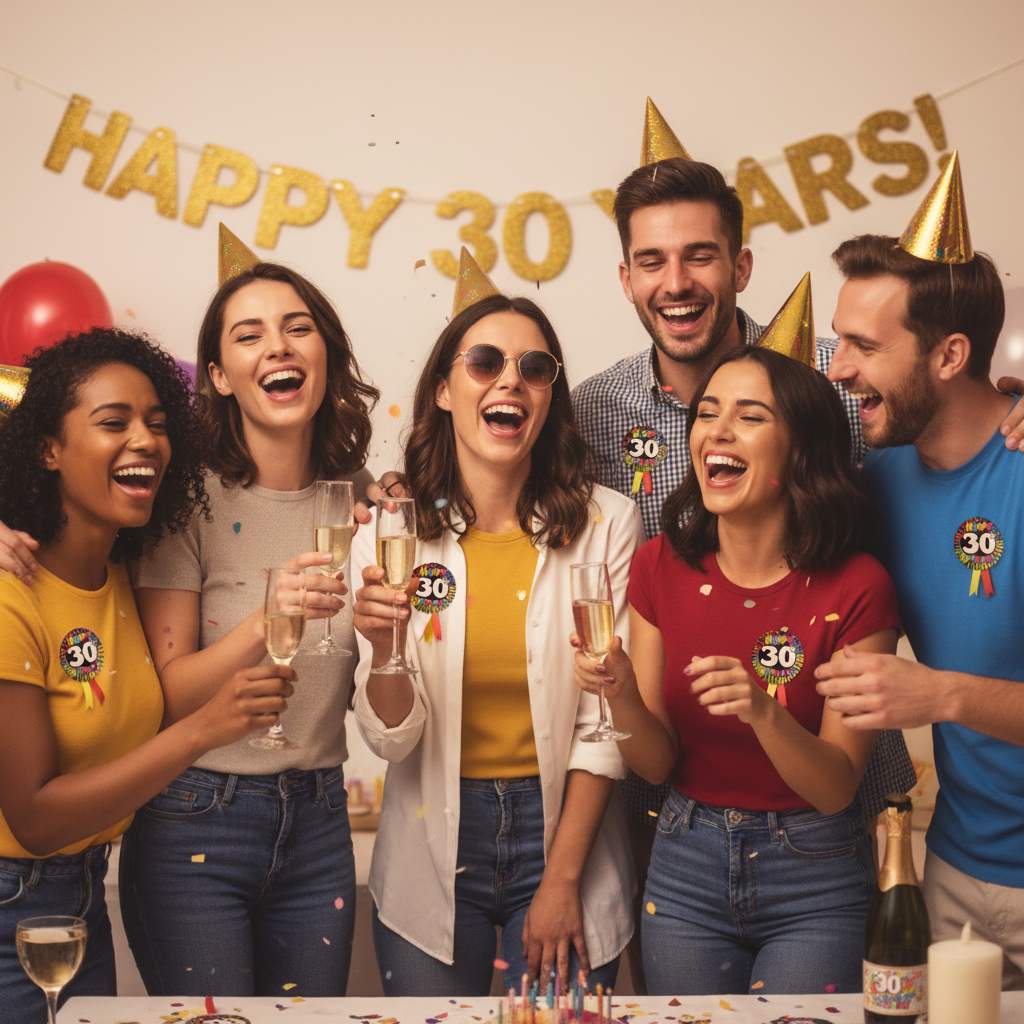 Group of friends all wearing 30th birthday badges celebrating milestone birthday with champagne