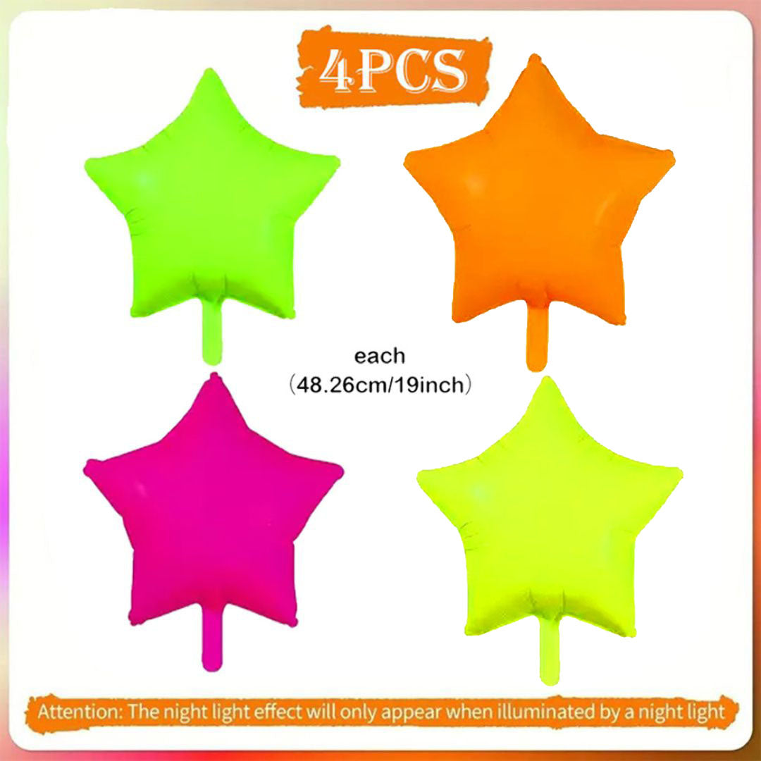 Neon/UV Florescent Star Shaped Foil Balloons - Air Filled - 18 inches - Set of 4