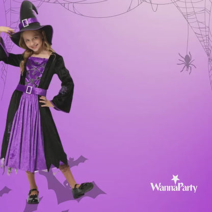 Maleficient Costume with Black Leathery Vest, Black Capes with Black and Purple Feathers and Black Maleficient Glittery Headband - Size XL - Age 10 to 12