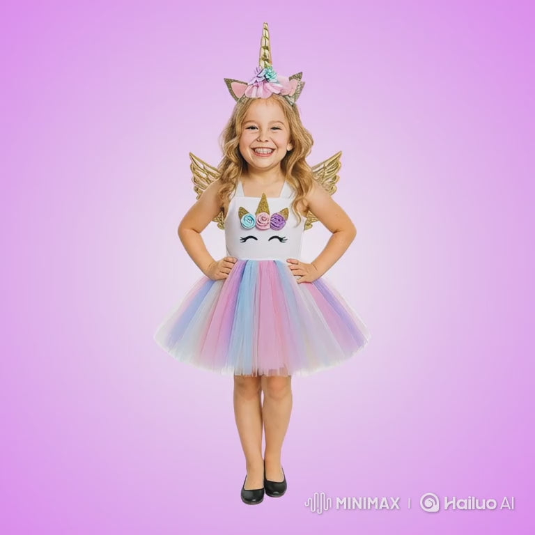 Unicorn Girls Costume w/Hair Band and Wings - Size M- Age 5 to 7 - 1PC