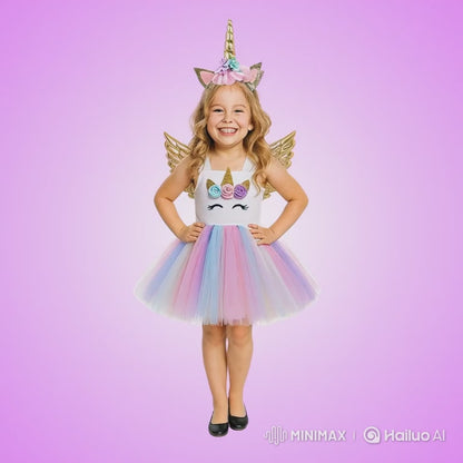 Unicorn Girls Costume w/Hair Band and Wings - Size M- Age 5 to 7 - 1PC
