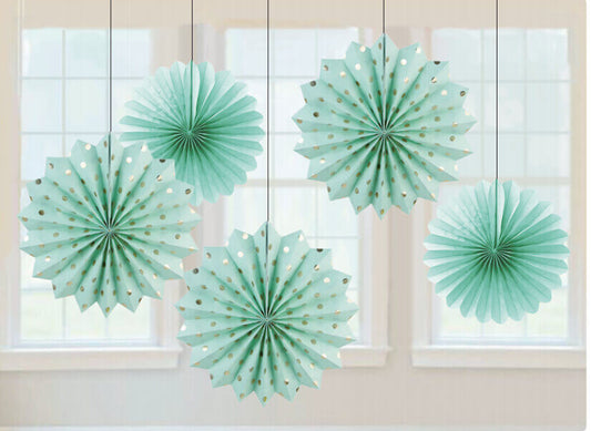 Metallic Polka Dot Aqua Green Paper Fan Decorations - 5PC
